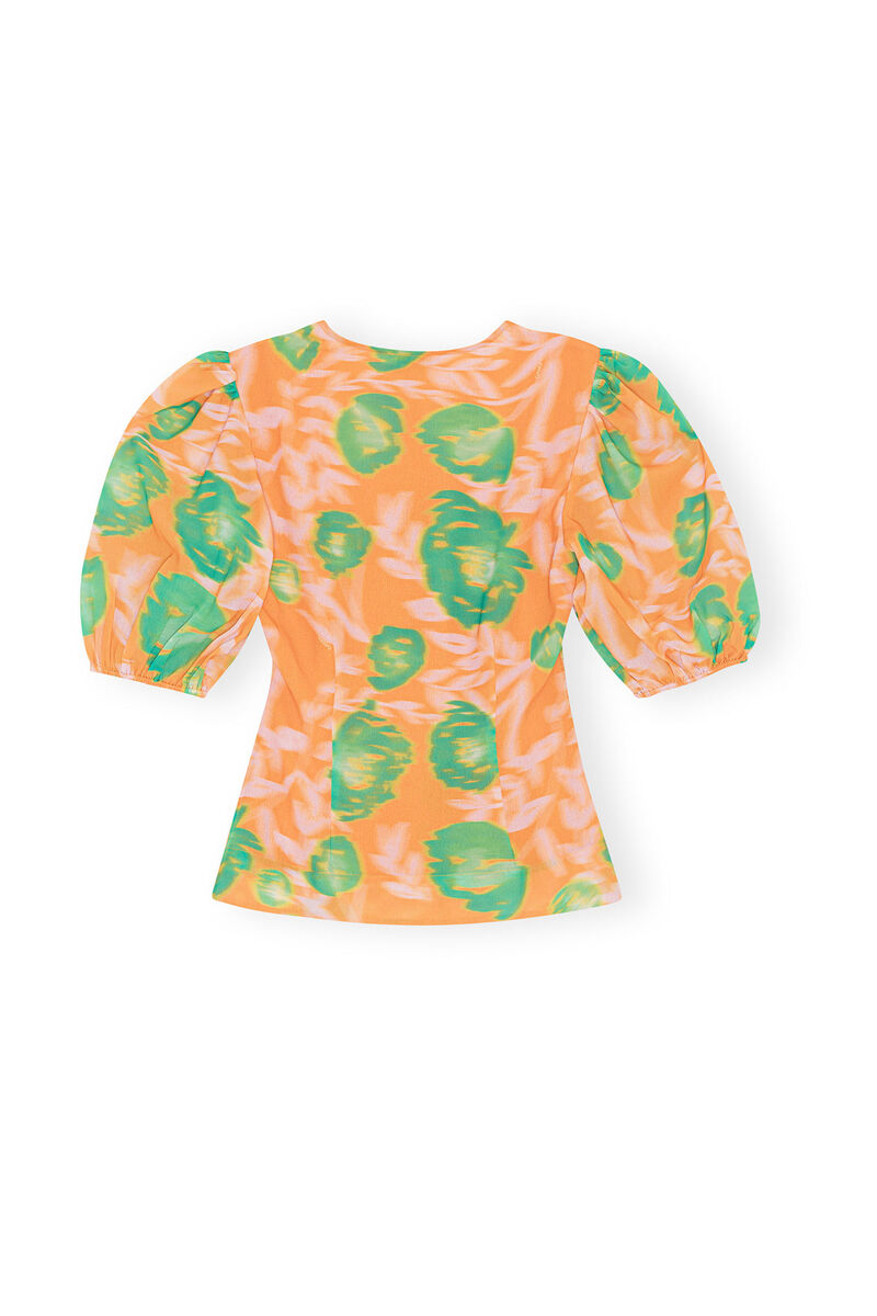Printed Crepe Button Down Blouse, Recycled Polyester, in colour Vibrant Orange - 2 - GANNI