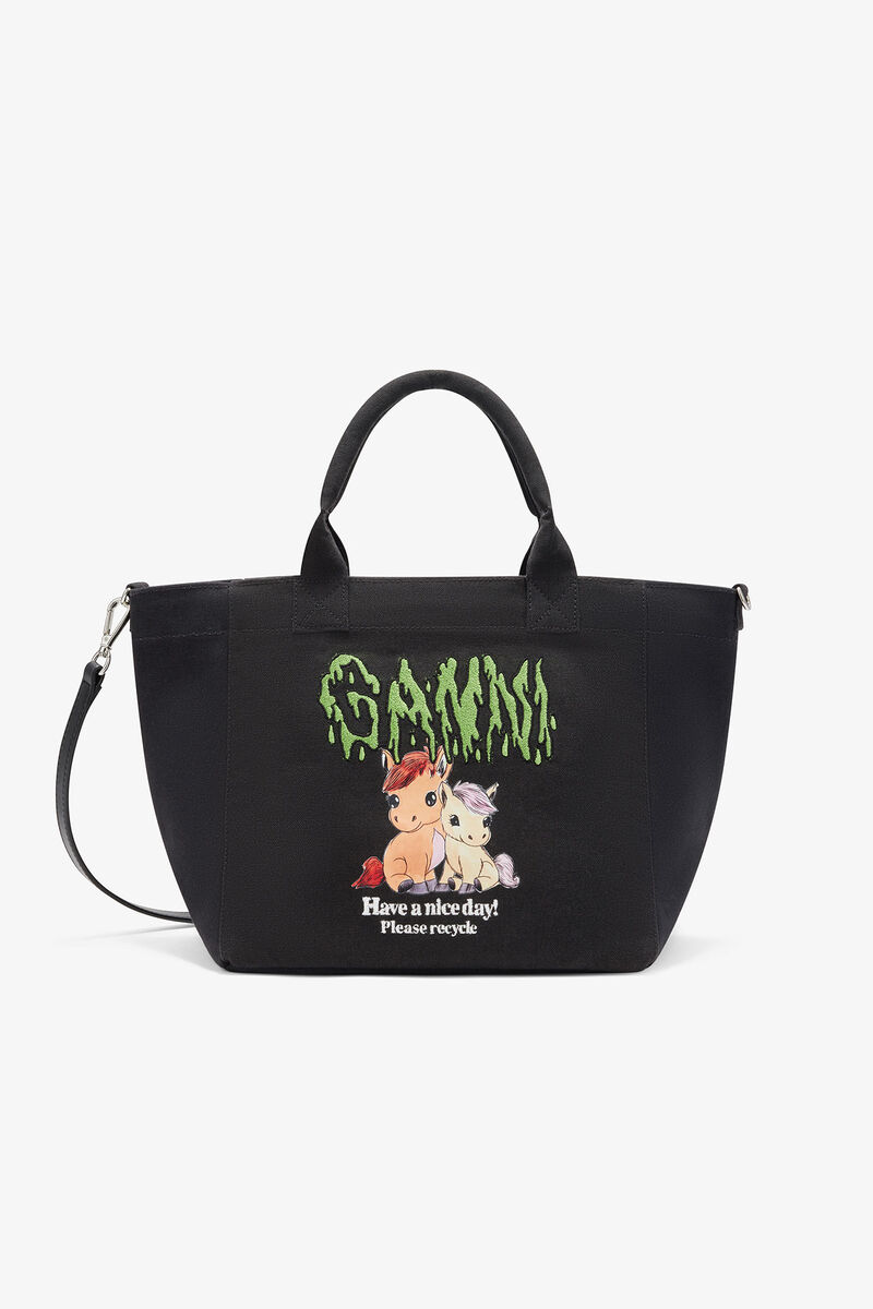 ポニーのプリント入りスモール Easy ショッパー, Recycled Cotton, in colour Phantom - 1 - GANNI