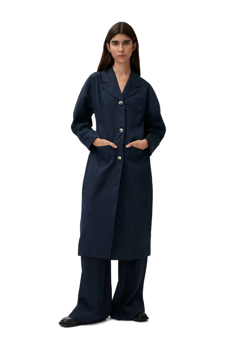 Twill Coat, Recycled Polyester, in colour Sky Captain - 1 - GANNI