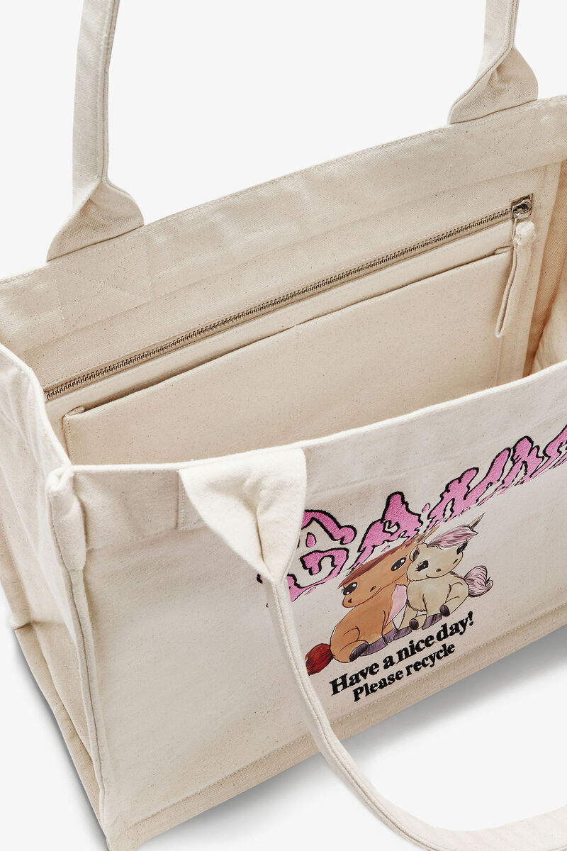 Pony Printed Large Tote, Recycled Cotton, in colour Egret - 3 - GANNI