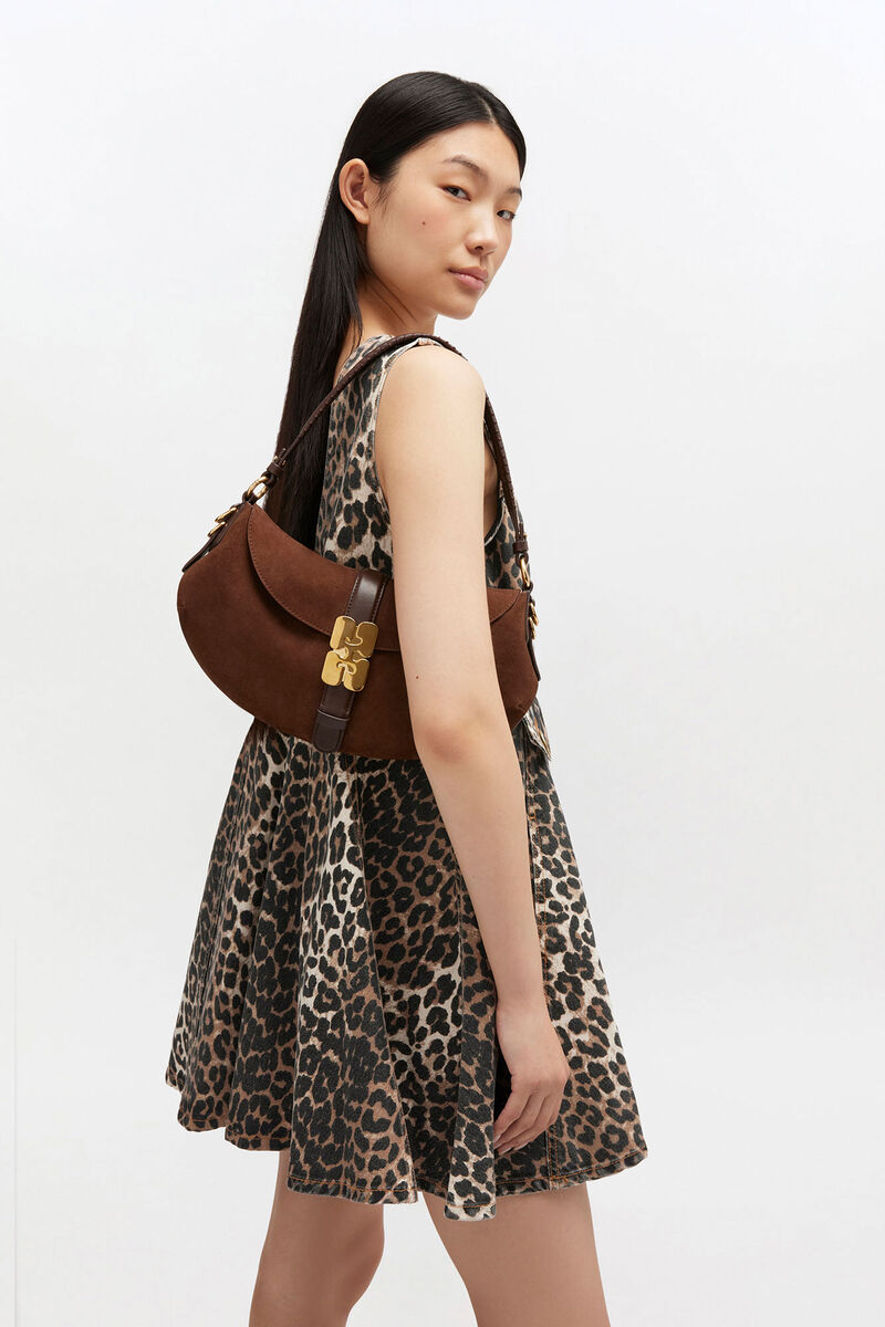 Brown B-Kat Bag in Suede, Recycled Leather, in colour Chicory Coffee - 1 - GANNI