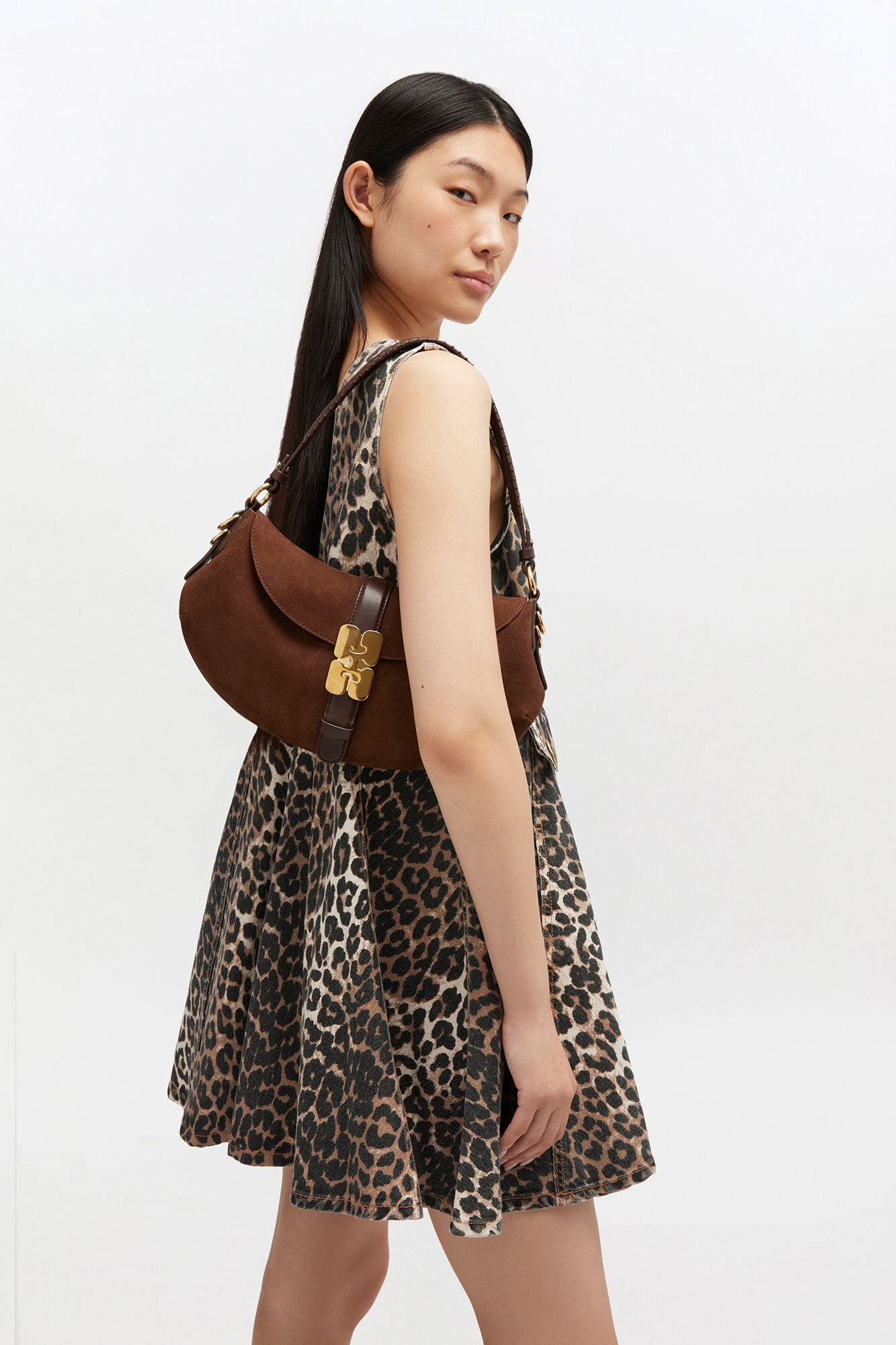 Brown B-Kat Bag in Suede, Recycled Leather, in colour Chicory Coffee - 1 - GANNI