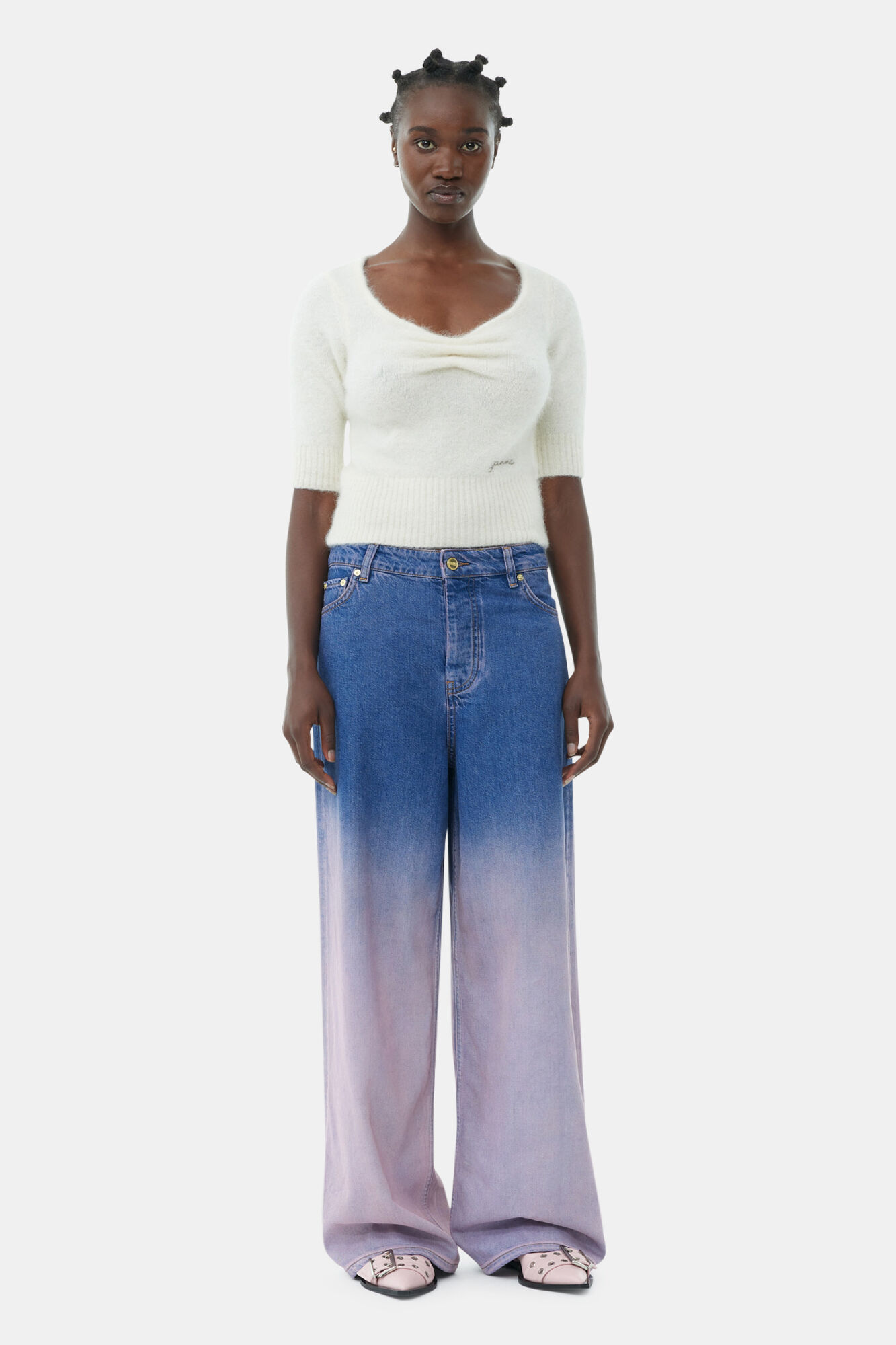 White Brushed Alpaca Top, Alpaca, in colour Egret - 2 - GANNI