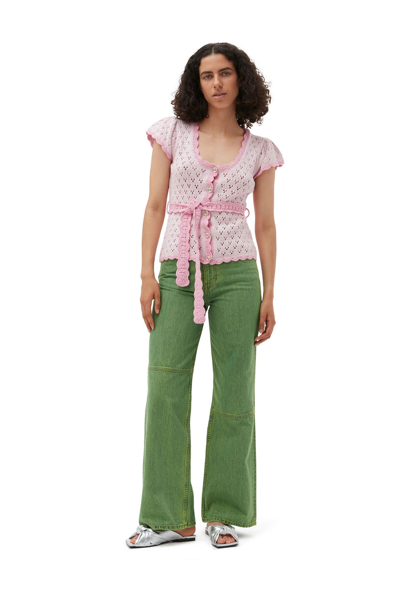 Lace-Cardigan mit kurzen Ärmeln, Cotton, in colour Pink Tulle - 1 - GANNI