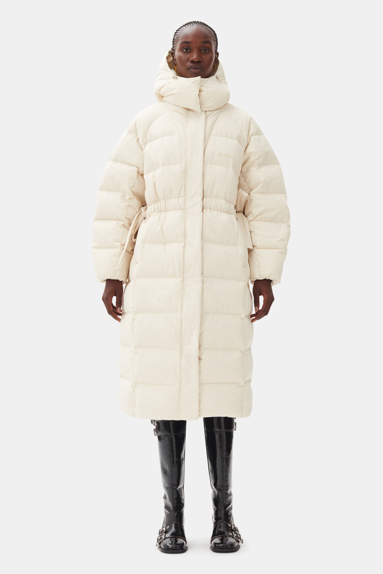 White Tech Puffer Coat, Recycled Polyester, in colour Tofu - 1 - GANNI