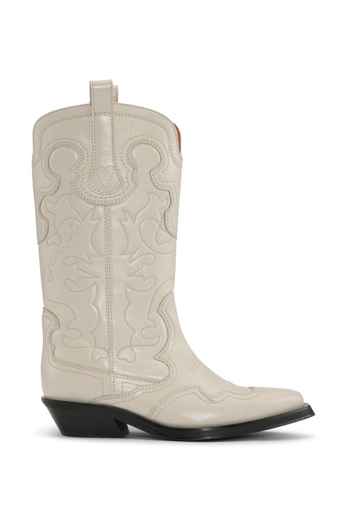 가니 부츠 GANNI White Mid Shaft Embroidered Western Boots,Egret