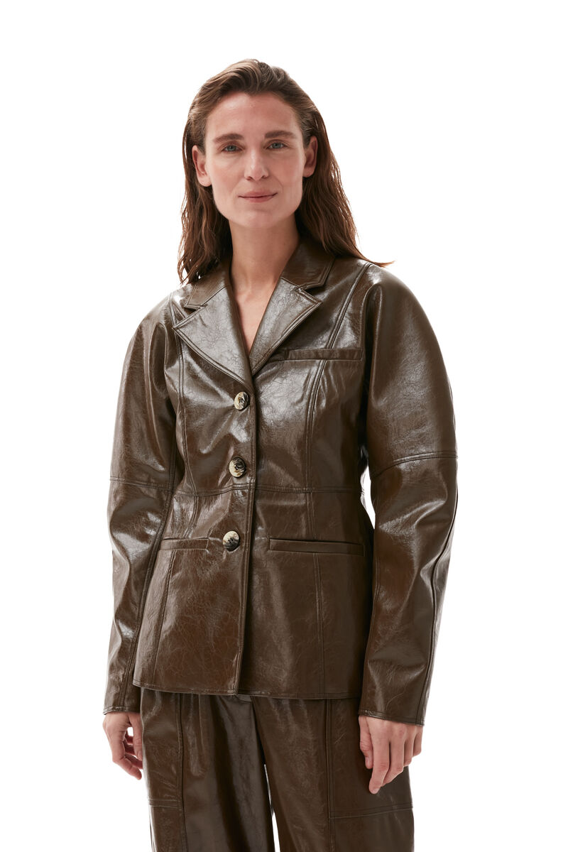 Brown Patent Blazer, Polyurethane, in colour Teak - 3 - GANNI