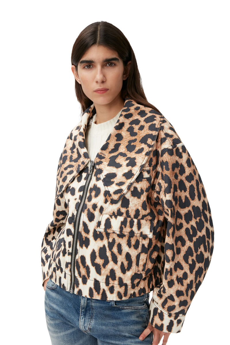 Short Leopard Jacket, Hemp, in colour Big Leopard Almond Milk - 3 - GANNI