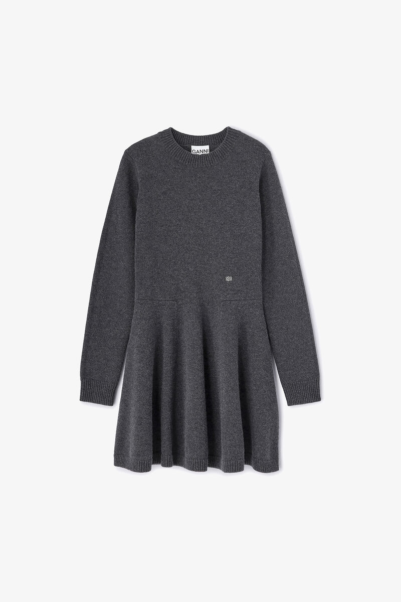 Grey Wool Mini Dress, Wool, in colour Phantom - 1 - GANNI