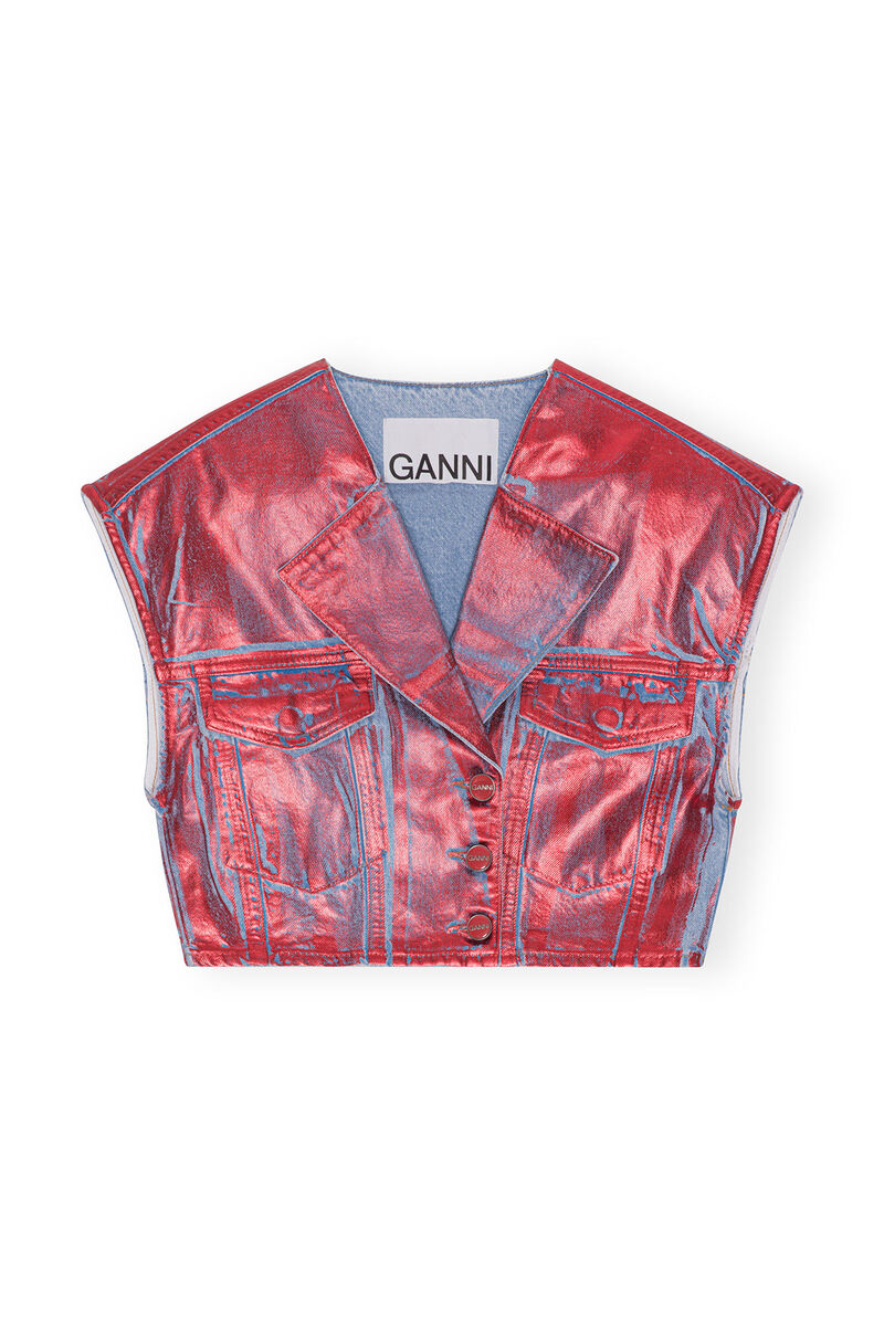Red Foil Denim Vest, Cotton, in colour Red Alert - 1 - GANNI