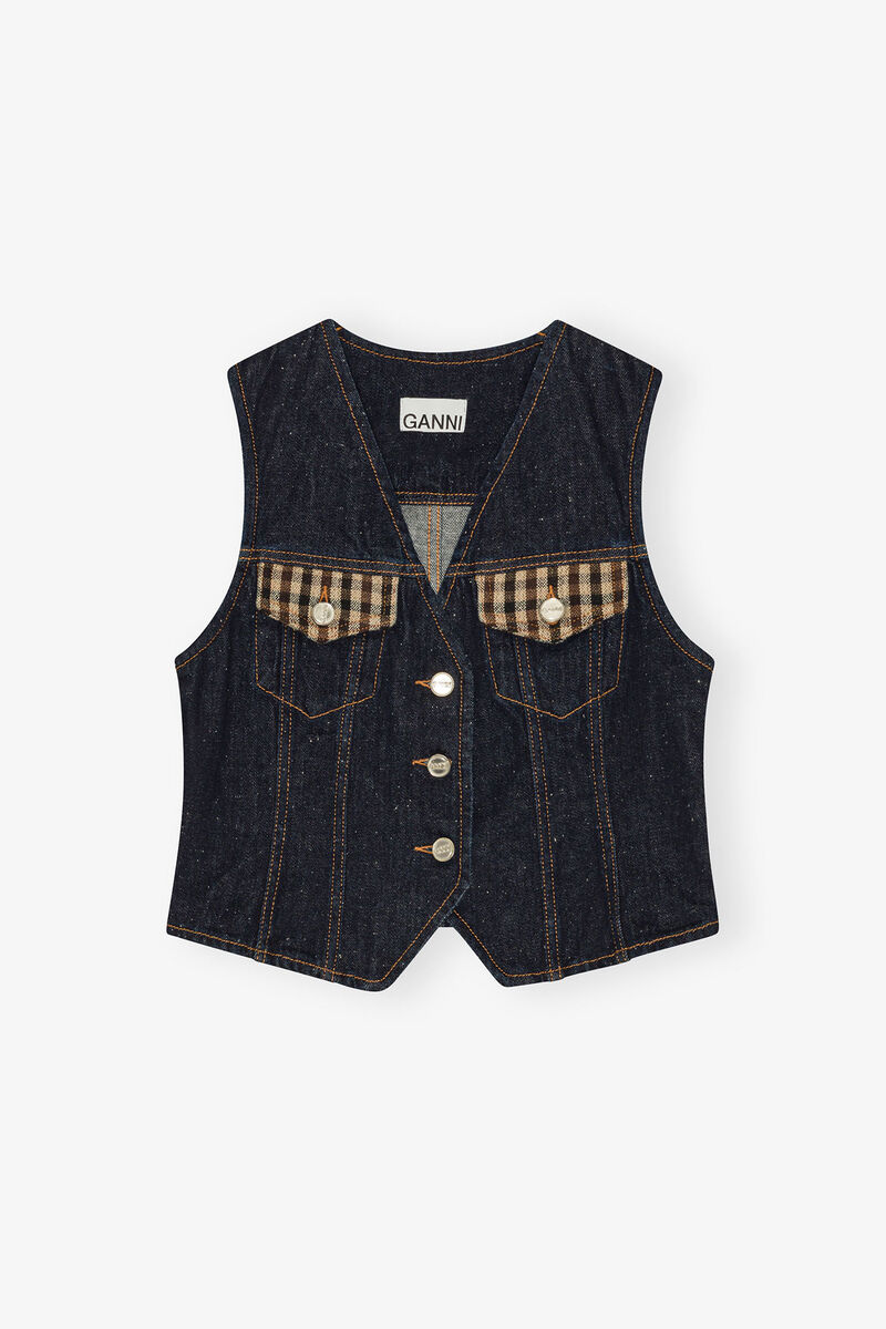 Neppy Denim Vest, Cotton, in colour Dark Blue Stone - 1 - GANNI
