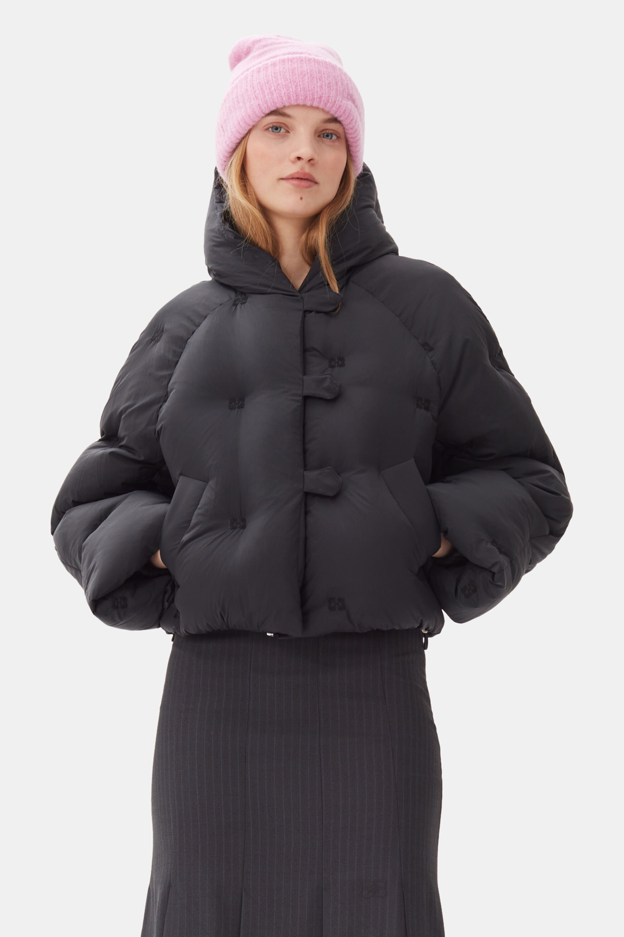 GANNI MixPuffer HoodedShort JACKET （Ganni Moto Jacket Leather 