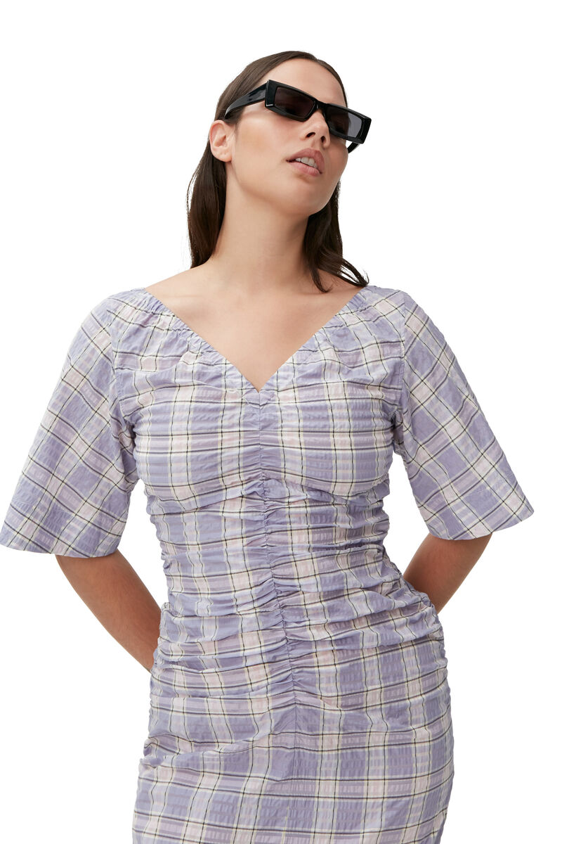 Seersucker Midi Dress, Organic Cotton, in colour Check Persian Violet - 3 - GANNI