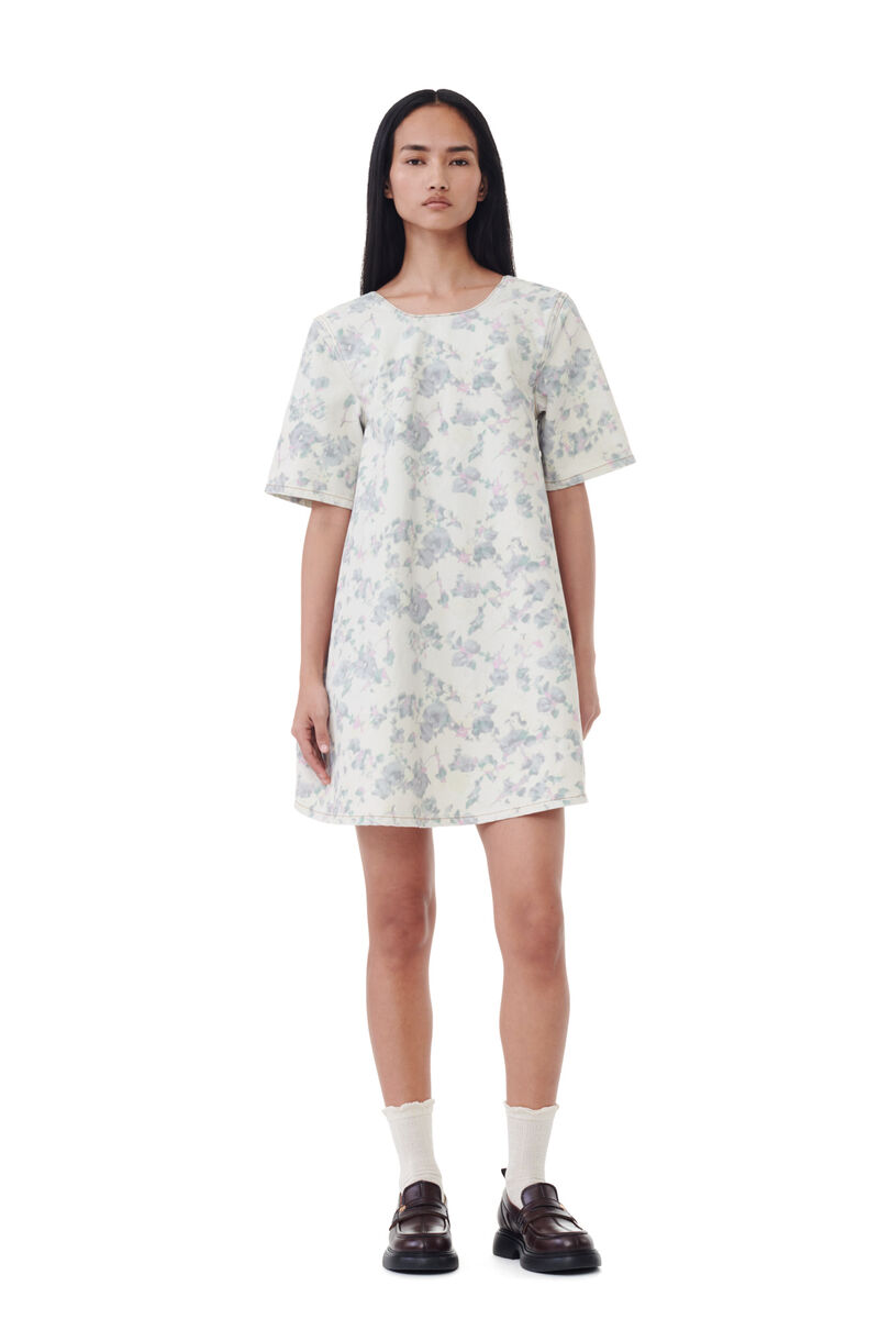 Floral Printed Denim Open Back Mini-kjole, Cotton, in colour Tofu - 1 - GANNI