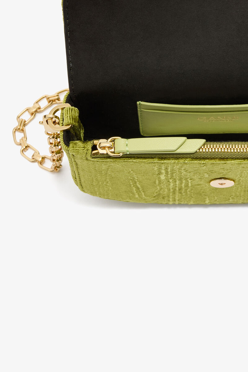 Lulu Wallet On Chain in Velvet Moire, Recycled Polyester, in colour Spinach Green - 3 - GANNI