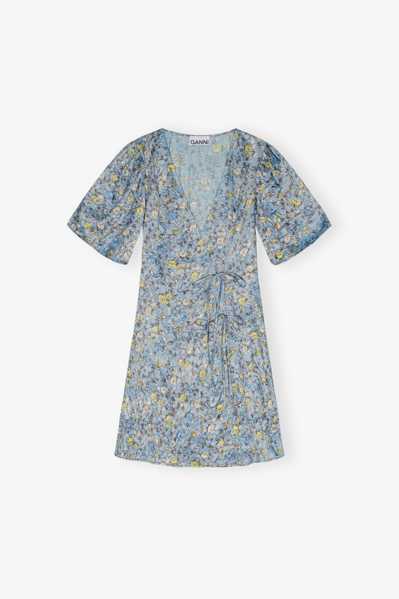 Dusty Blue Blue Floral Printed Crinkled Satin Mini Wrap Dress