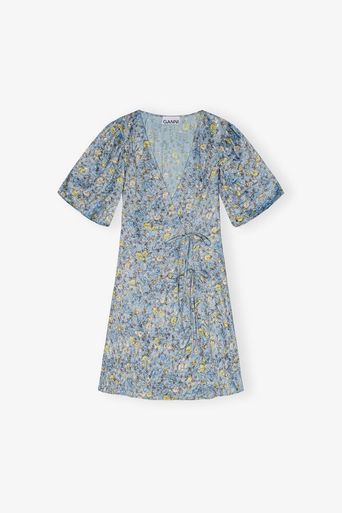 Blue Floral Printed Crinkled Satin Mini Wrap Dress, Dusty Blue