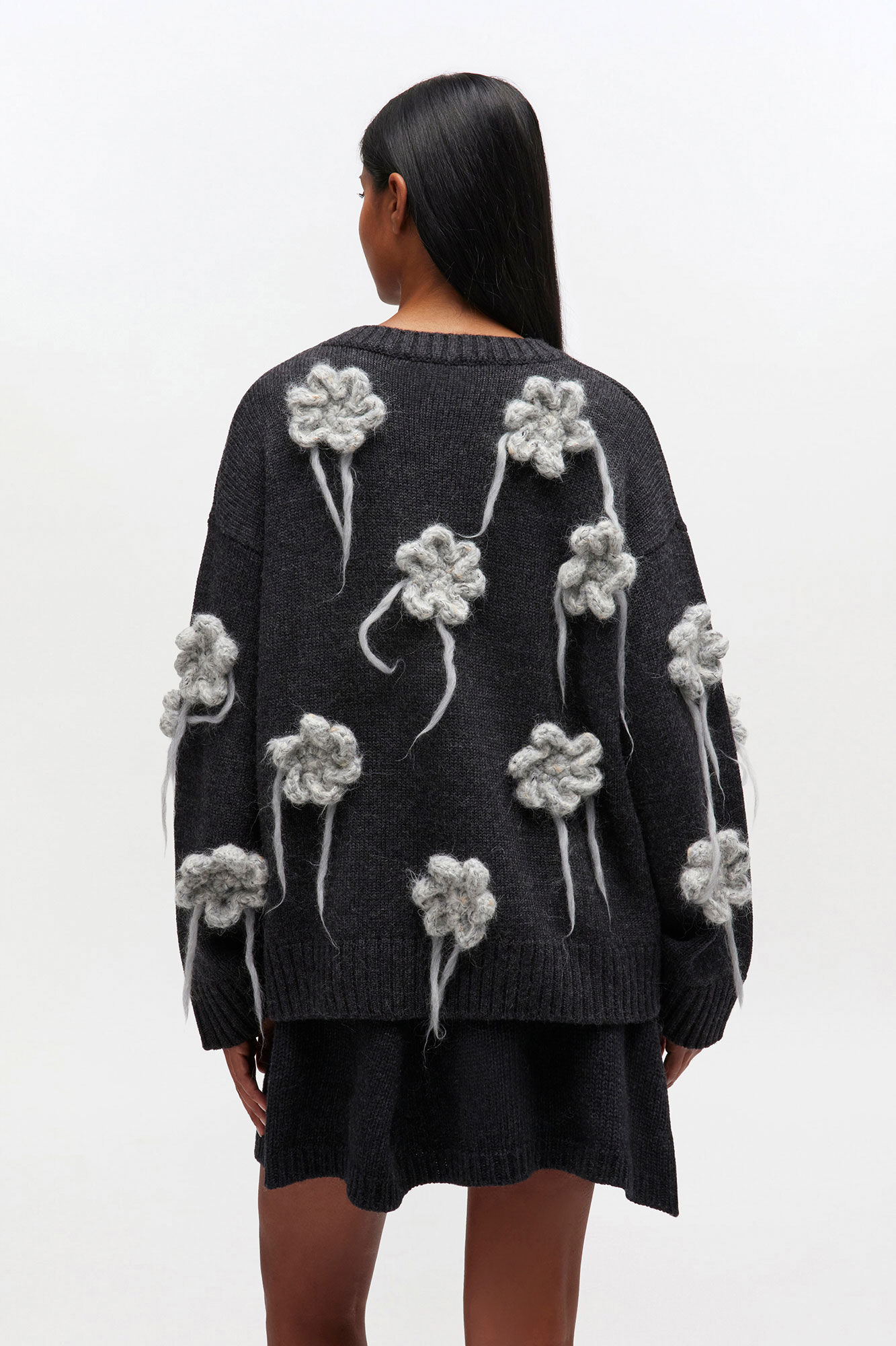 Dark Grey Flower Crochet Sweater, Alpaca, in colour Phantom - 3 - GANNI