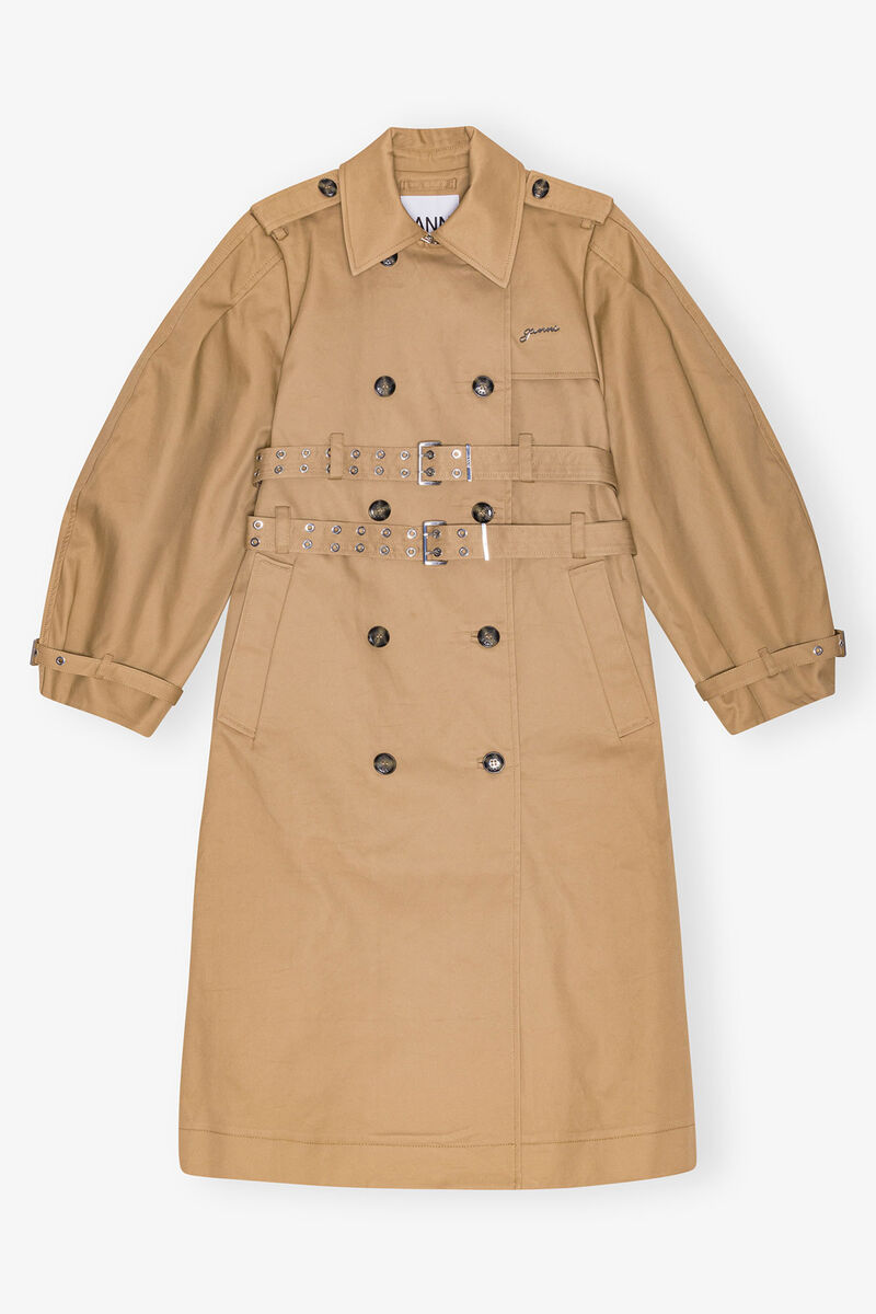 Camel Bonded Cotton Trench Coat, Organic Cotton, in colour Tiger's Eye - 1 - GANNI