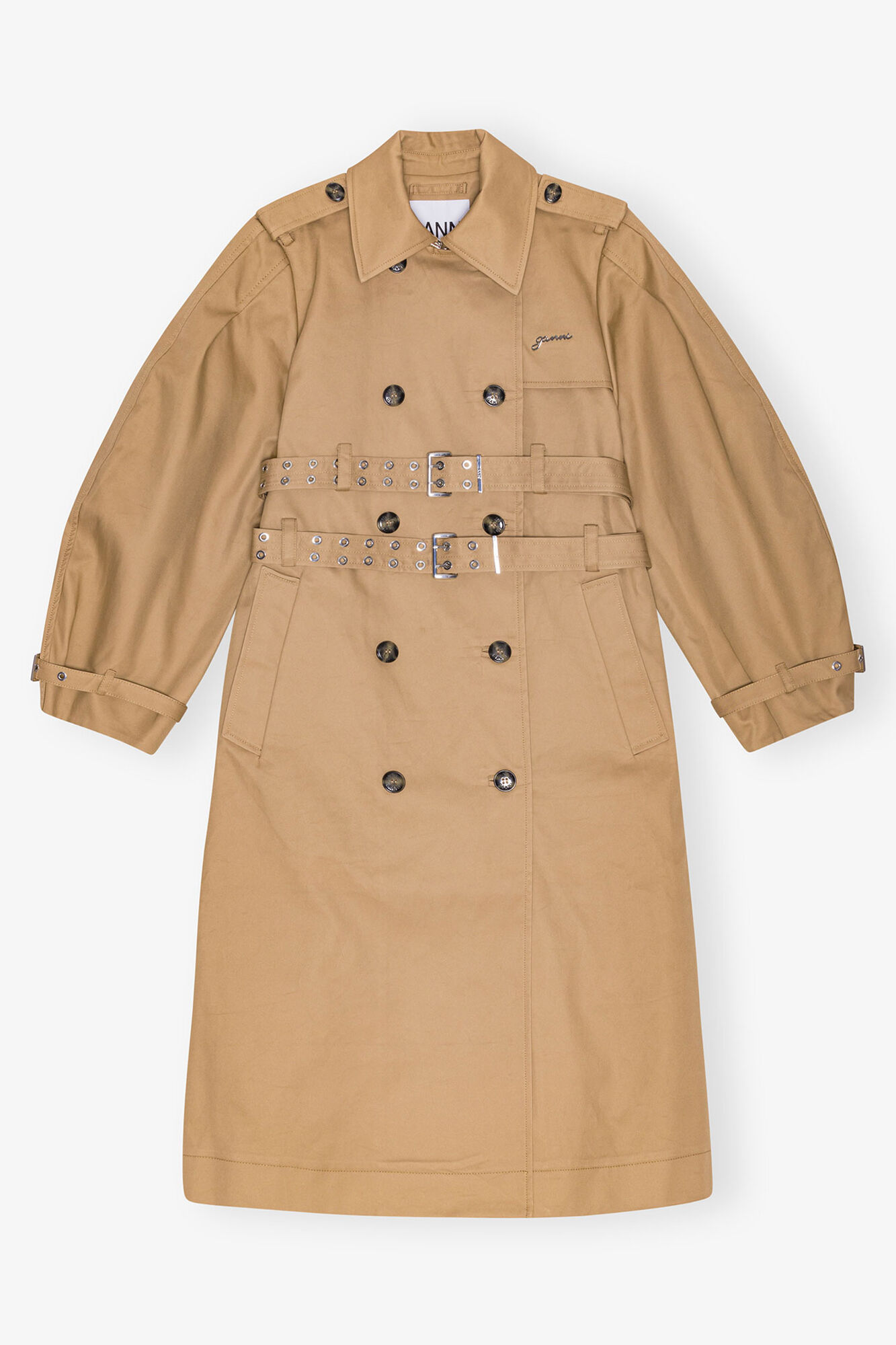 Camel Bonded Cotton Trench Coat, Organic Cotton, in colour Tiger's Eye - 1 - GANNI