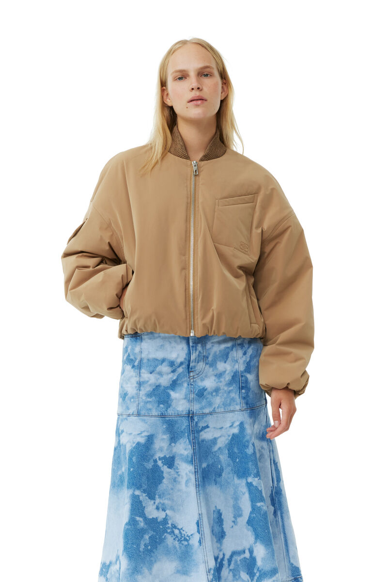 Brown Light Twill Oversized Short Bomber Jacke, Recycled Polyester, in colour Tiger's Eye - 1 - GANNI