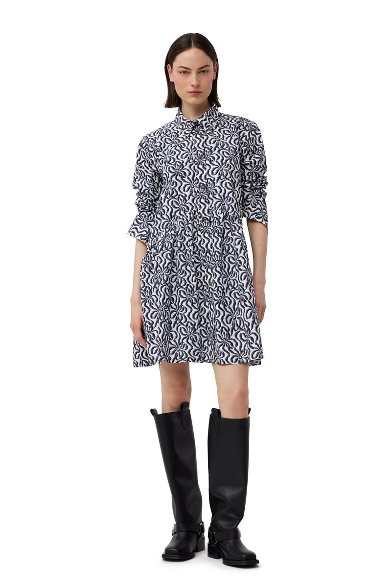 Printed Cotton Poplin Mini Shirt Dress, Cotton, in colour Egret - 1 - GANNI