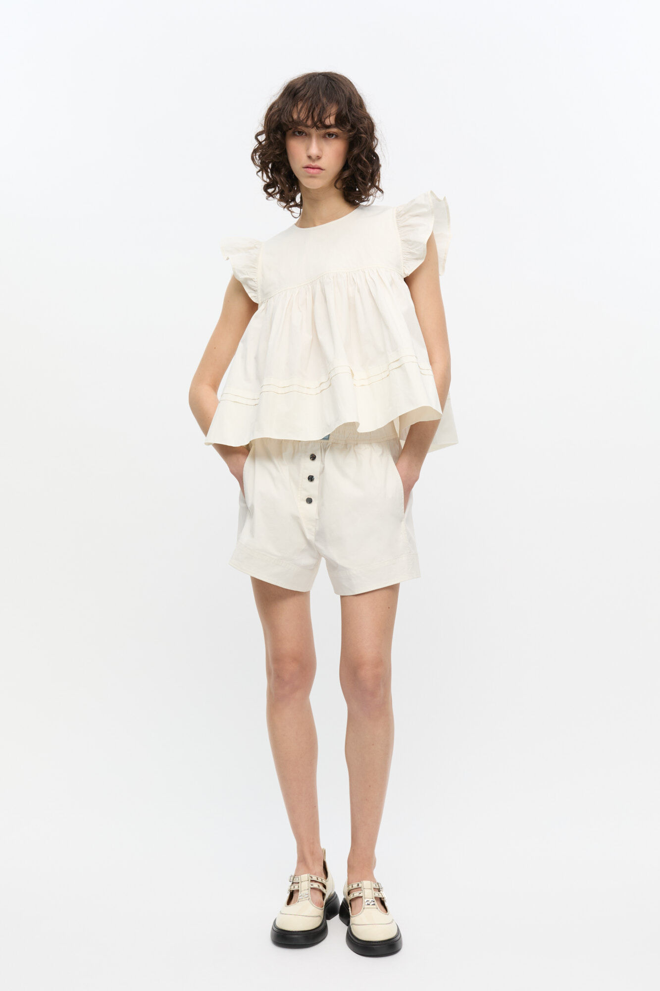 White Cotton Shorts, Elastane, in colour Egret - 1 - GANNI