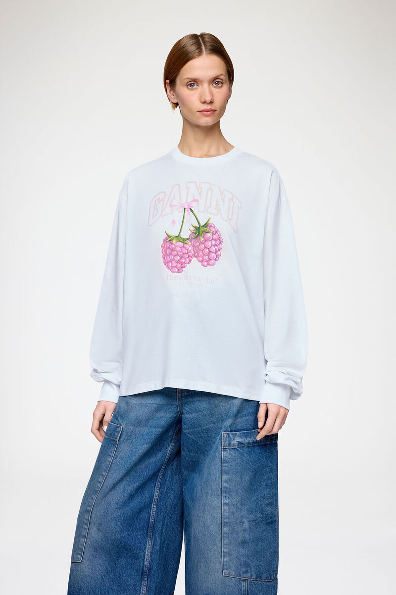 Long-sleeve T-shirt with Raspberries, Organic Cotton, in colour Bright White - 2 - GANNI