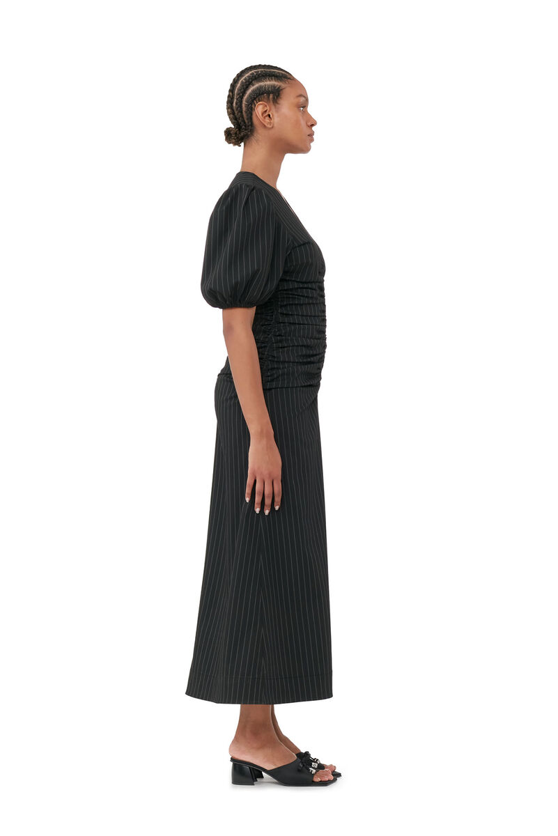 Stretch Stripe Gathered Long Dress, Elastane, in colour Black - 2 - GANNI