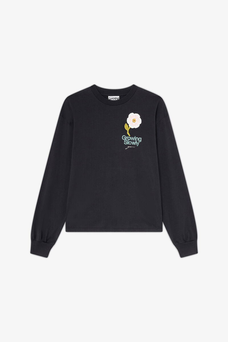 Langarm-T-Shirt mit geh&auml;kelter Blume, Organic Cotton, in colour Phantom - 1 - GANNI