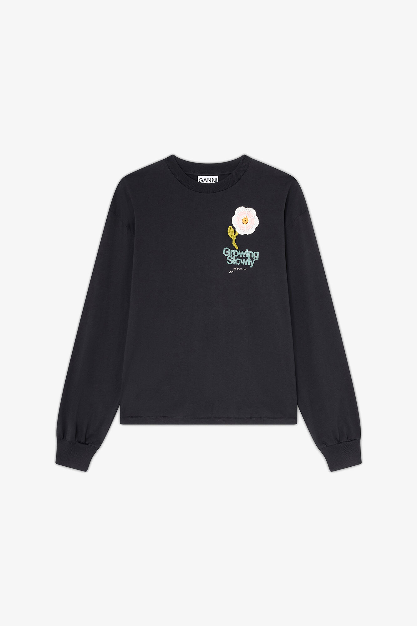 Langarm-T-Shirt mit geh&auml;kelter Blume, Organic Cotton, in colour Phantom - 1 - GANNI