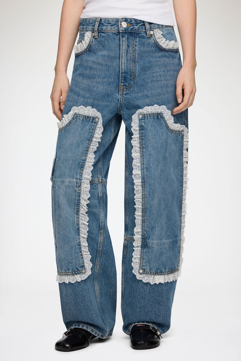 Audri Lace Jeans in Rigid Denim, Organic Cotton, in colour Dark Blue Vintage - 2 - GANNI