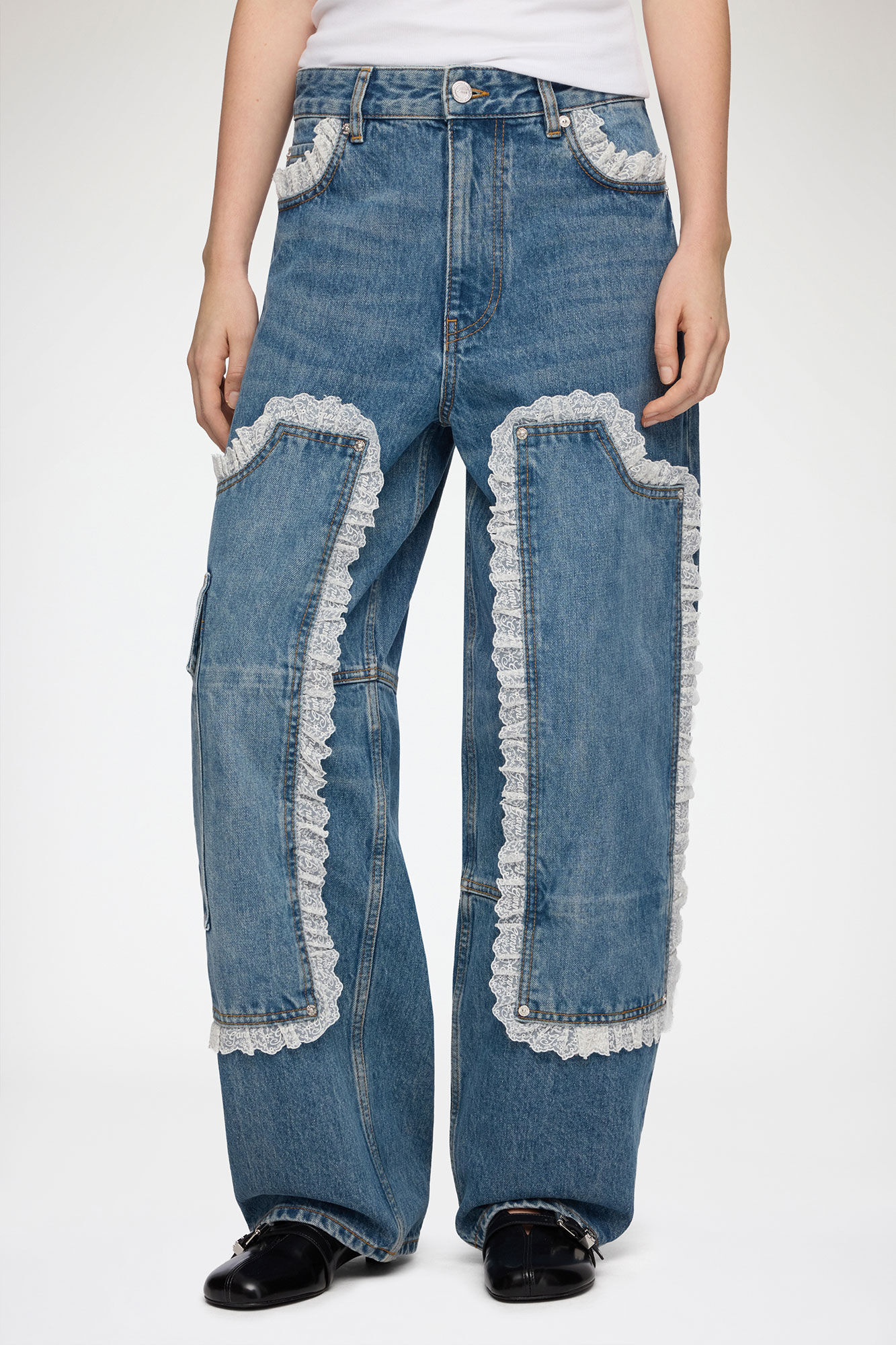 Audri Lace Jeans in Rigid Denim, Organic Cotton, in colour Dark Blue Vintage - 2 - GANNI