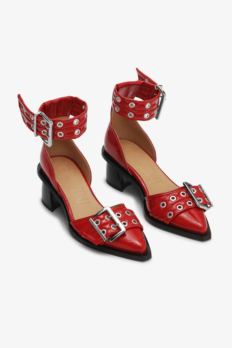 Red Feminine Buckle Open Cut Pumps, Polyurethane, in colour Racing Red - 2 - GANNI