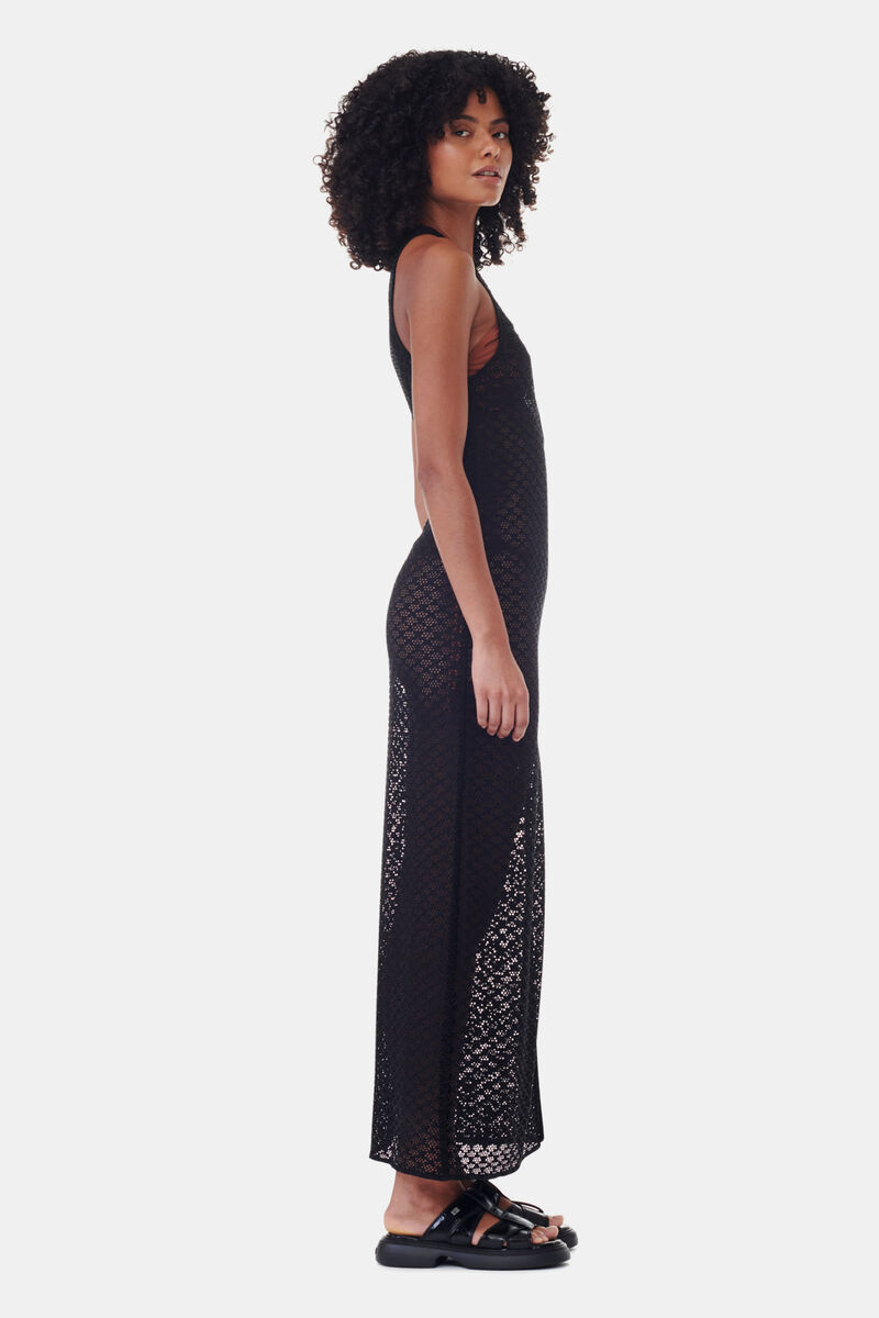 Black Mesh Lace Long Dress, Elastane, in colour Black - 3 - GANNI