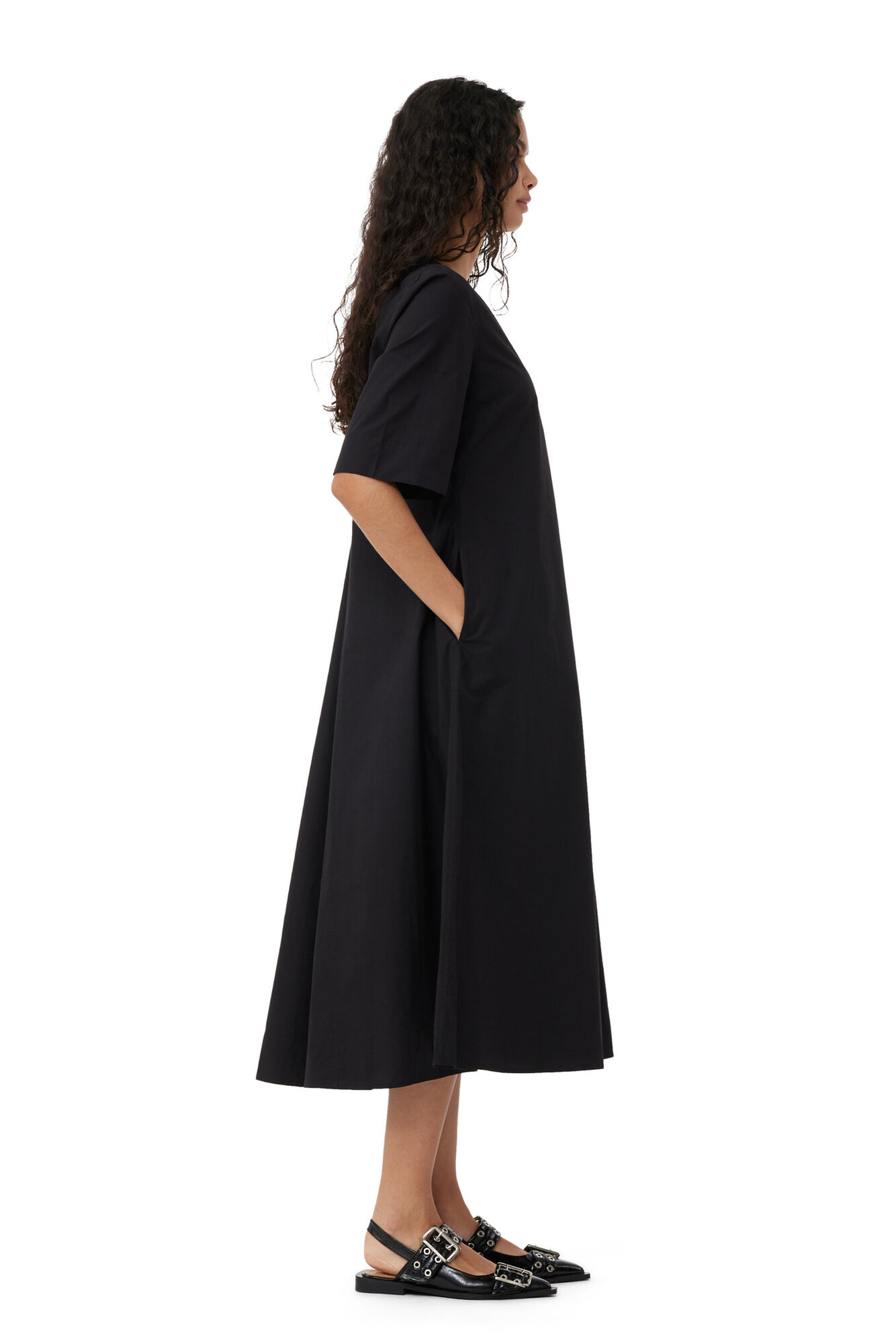 Exclusive Black Cotton Poplin Maxi Dress, Cotton, in colour Black - 3 - GANNI