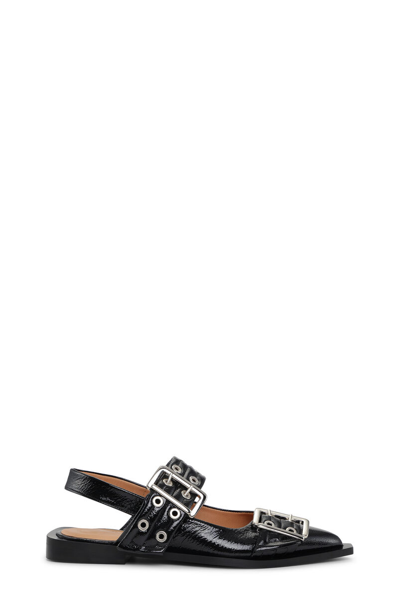 Black Wide Welt Buckle Ballerinas, Calf Leather, in colour Black - 1 - GANNI
