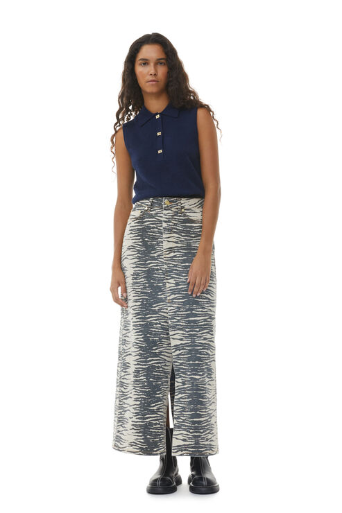 Ganni Print Denim Maxi Slit Skirt In Oyster Grey