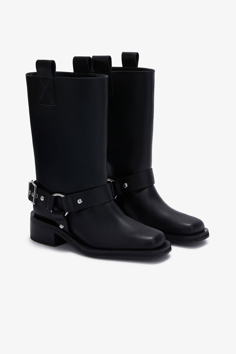Bikerboots med mellanh&ouml;gt skaft i svart, Recycled Leather, in colour Black - 2 - GANNI