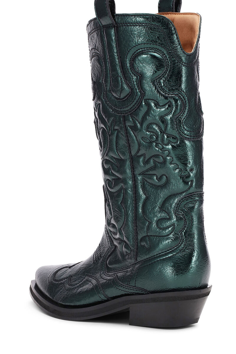Green Metallic Mid Shaft Embroidered Western Boots, in colour Climbing Ivy - 3 - GANNI