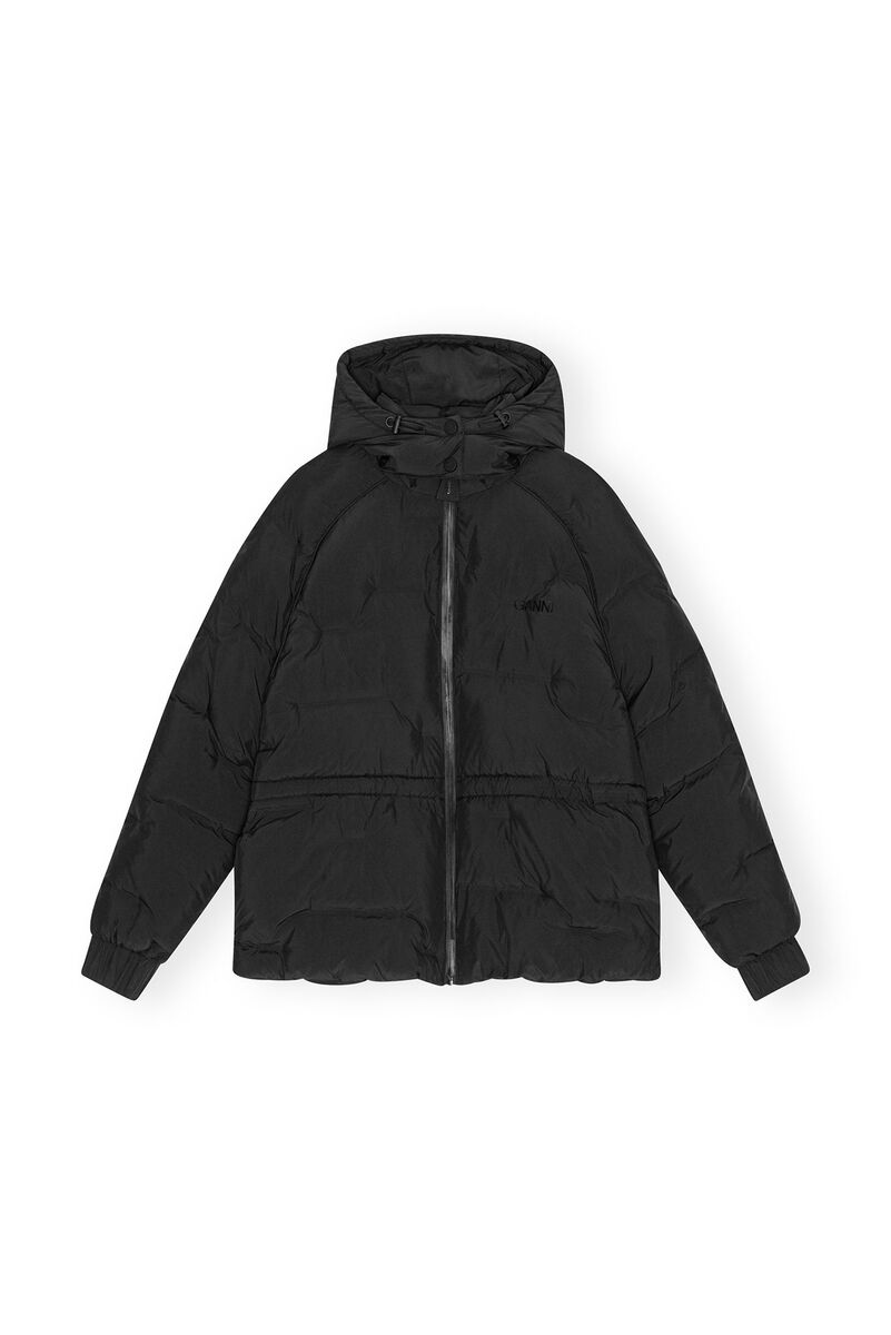 Black Short Puffer Raglan Jacket , Recycled Polyester, in colour Black - 1 - GANNI
