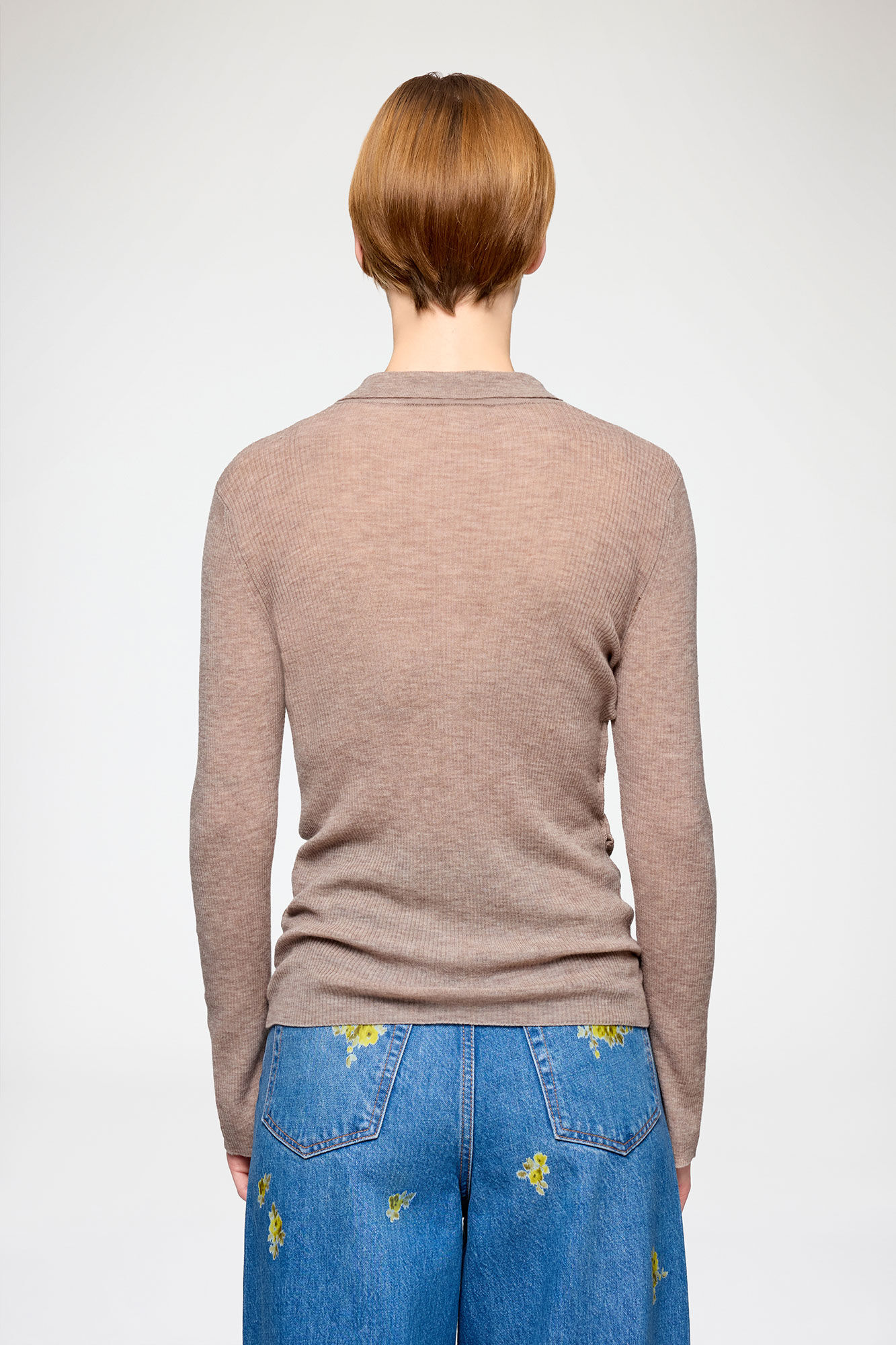 Polo Shirt in Sheer Wool, Wool, in colour Safari - 3 - GANNI