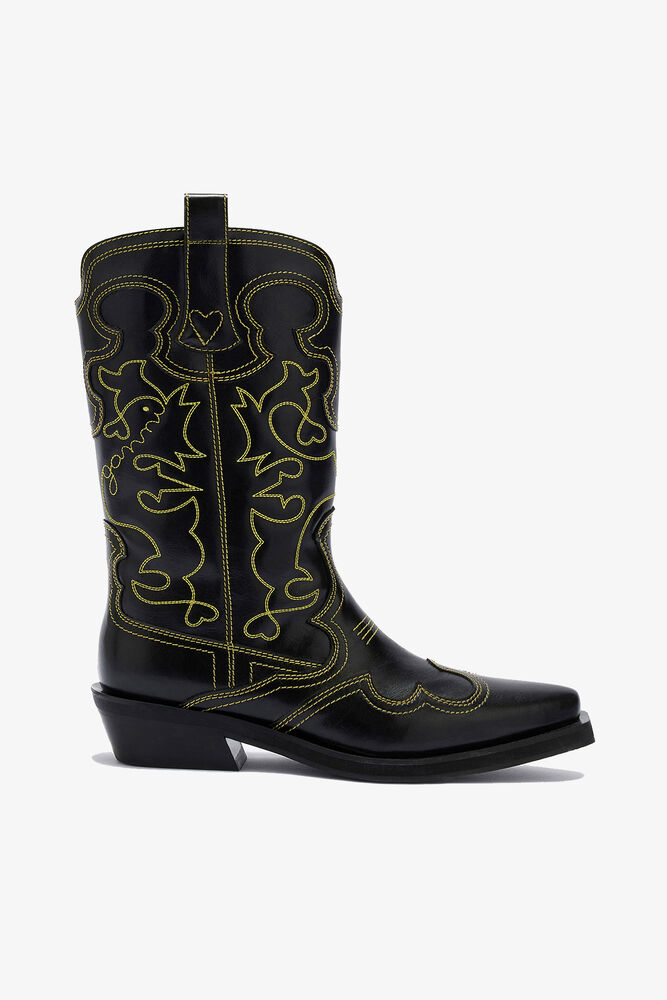 Mid Shaft Embroidered Western Boots, Blazing Yellow