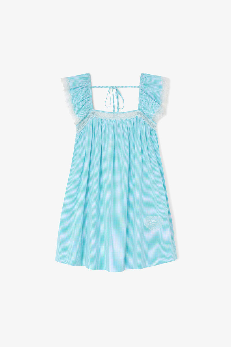 Dress in Blue Check, Organic Cotton, in colour Blue Curacao - 1 - GANNI