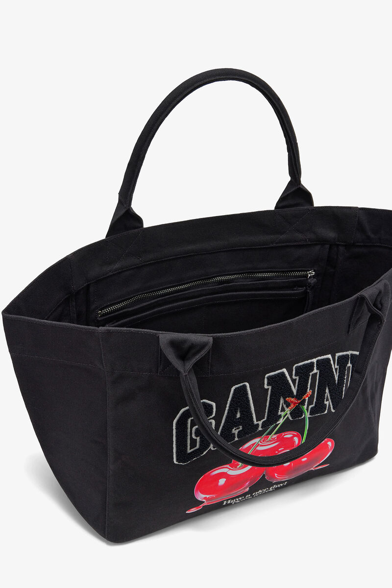 Black Medium Cherry Tote, Recycled Cotton, in colour Phantom - 3 - GANNI