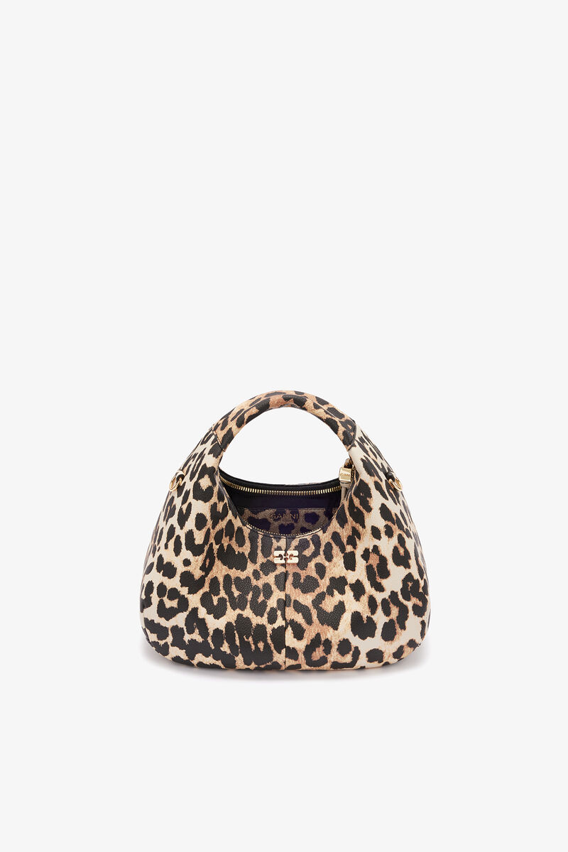 Mini Hobo taske i leopardprint med grynet tekstur, Recycled Polyester, in colour Almond Milk - 3 - GANNI