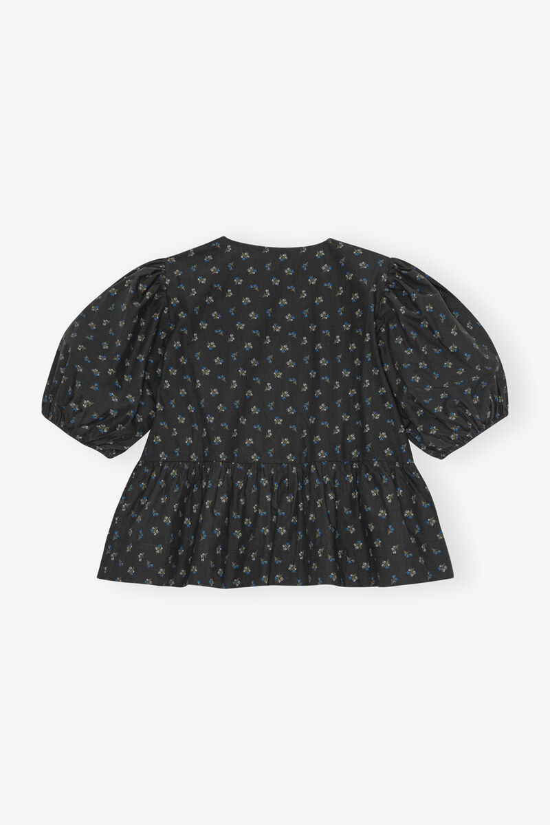 Black Printed Cotton Peplum Blouse, Cotton, in colour Phantom - 2 - GANNI