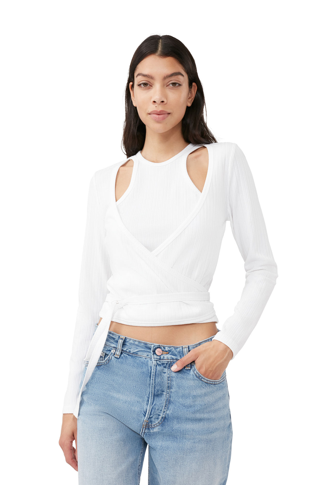 Rib Jersey Wrap Blouse, Elastane, in colour Bright White - 1 - GANNI