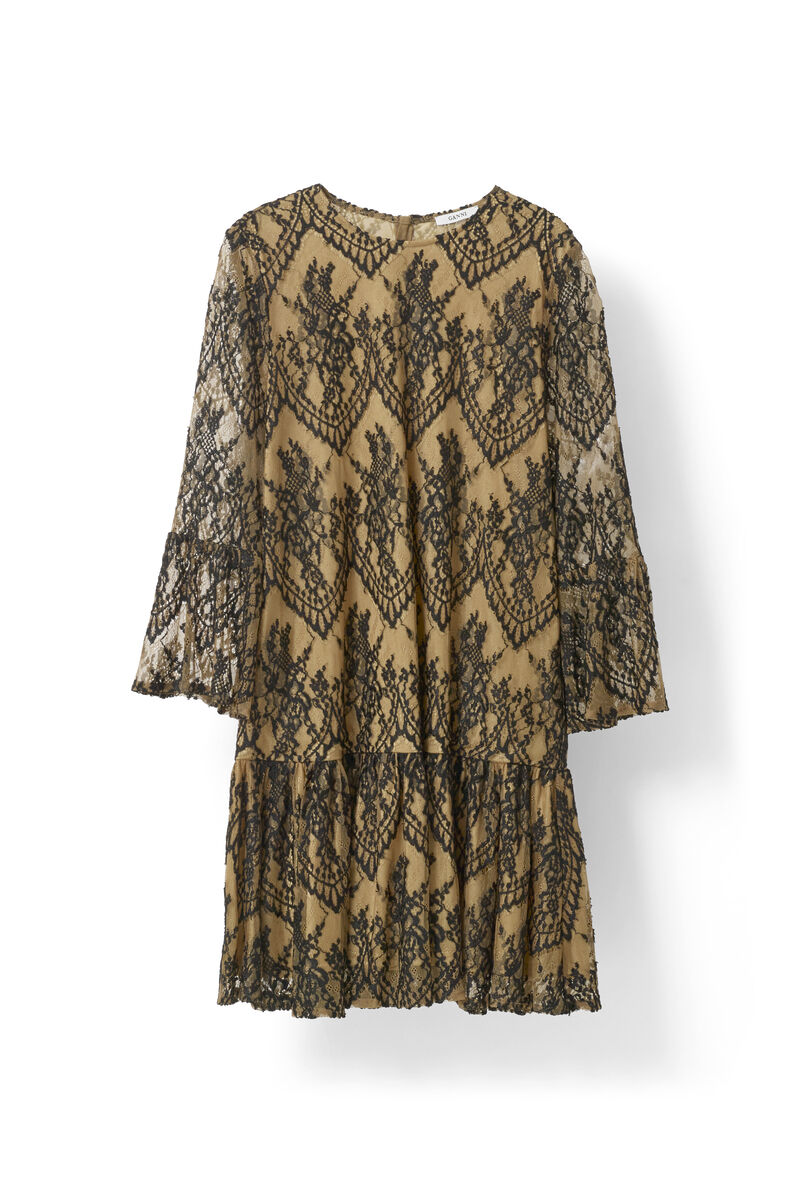 Larkin Lace Mini Dress, in colour Tobacco Brown/Black - 1 - GANNI