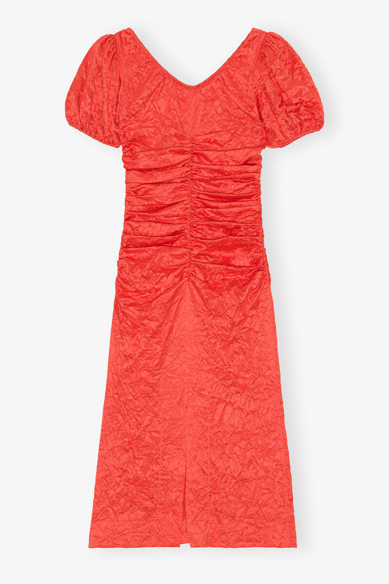 Red Crinkled Satin Midi Dress, Recycled Polyester, in colour Grenadine - 2 - GANNI